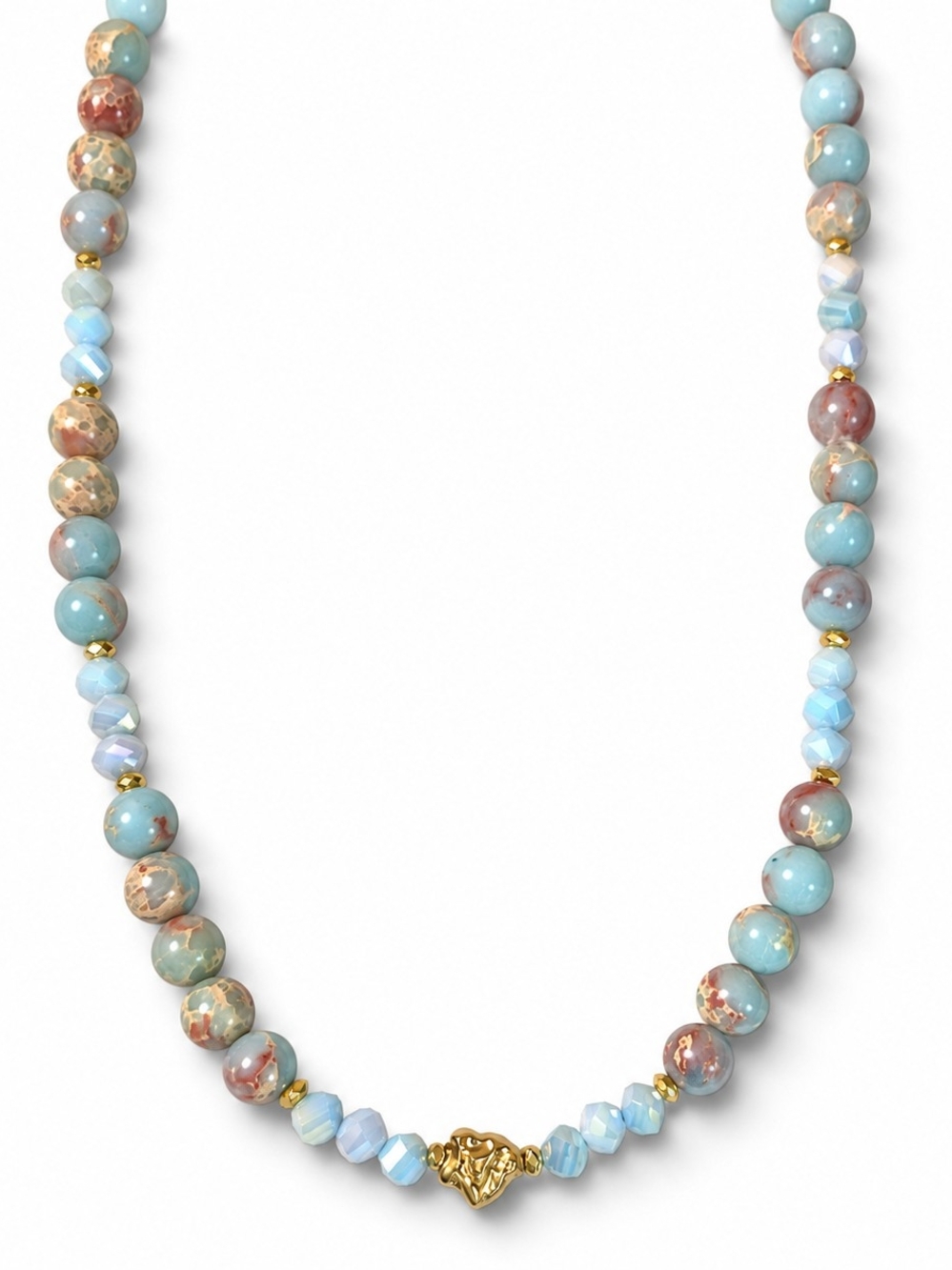 8 mm Amazonite & Czech Crystal Necklace with Gold Accents — 17″